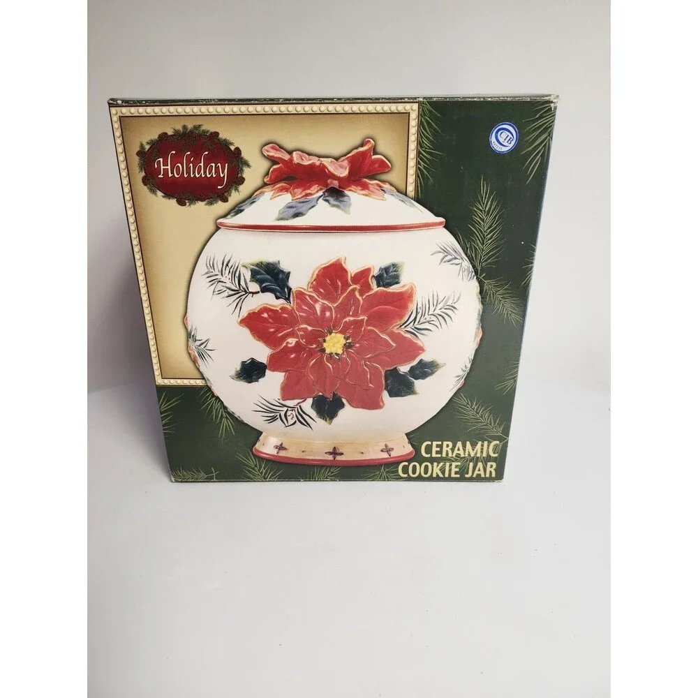 Vintage BICO Christmas 3D POINSETTIA Centerpiece COOKIE JAR 9